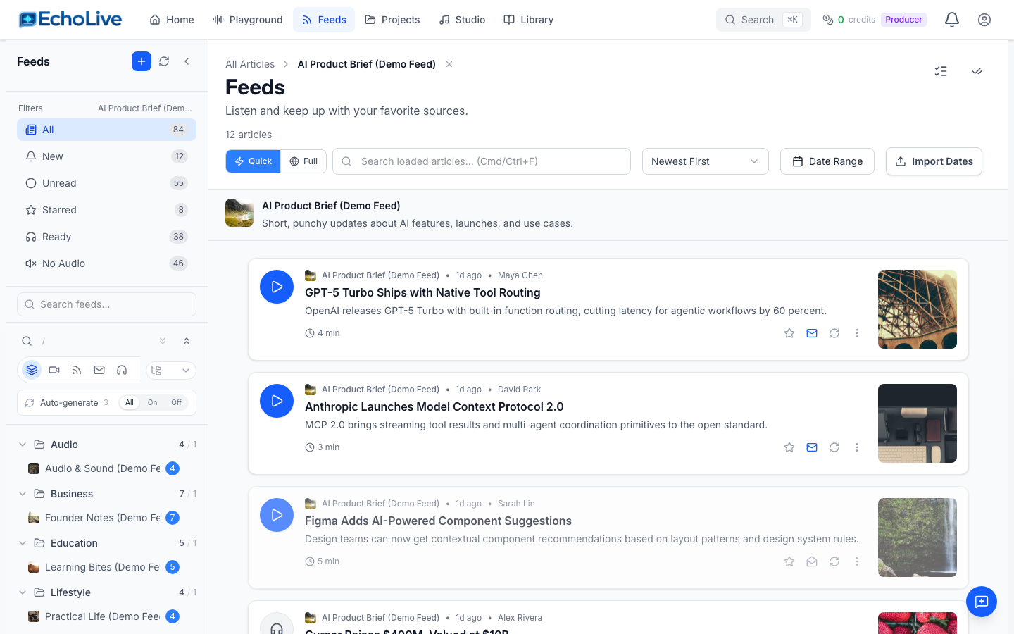 Single feed view showing all articles from one subscription