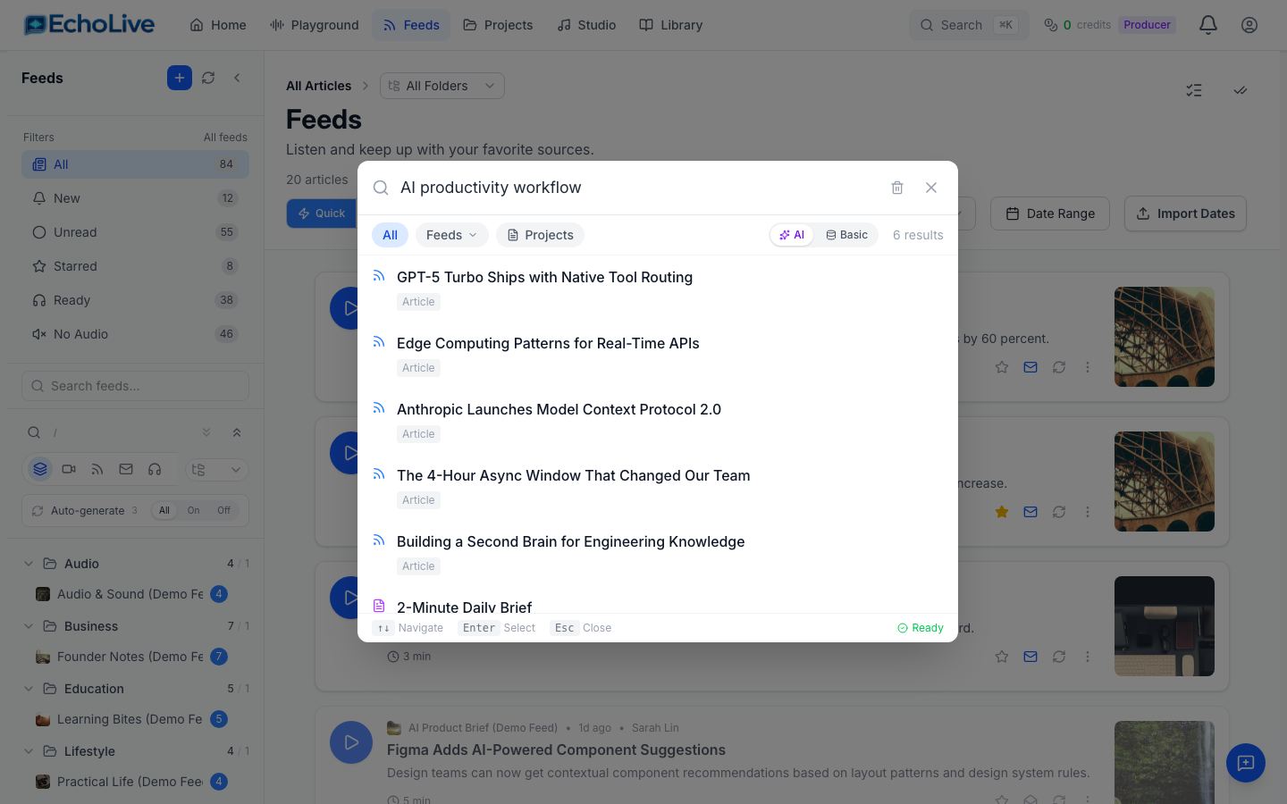 AI-powered semantic search results across feeds and projects