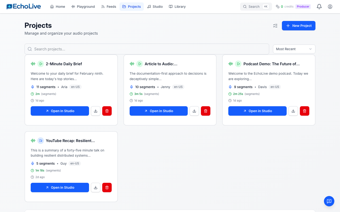 Projects list showing saved studio projects with audio status