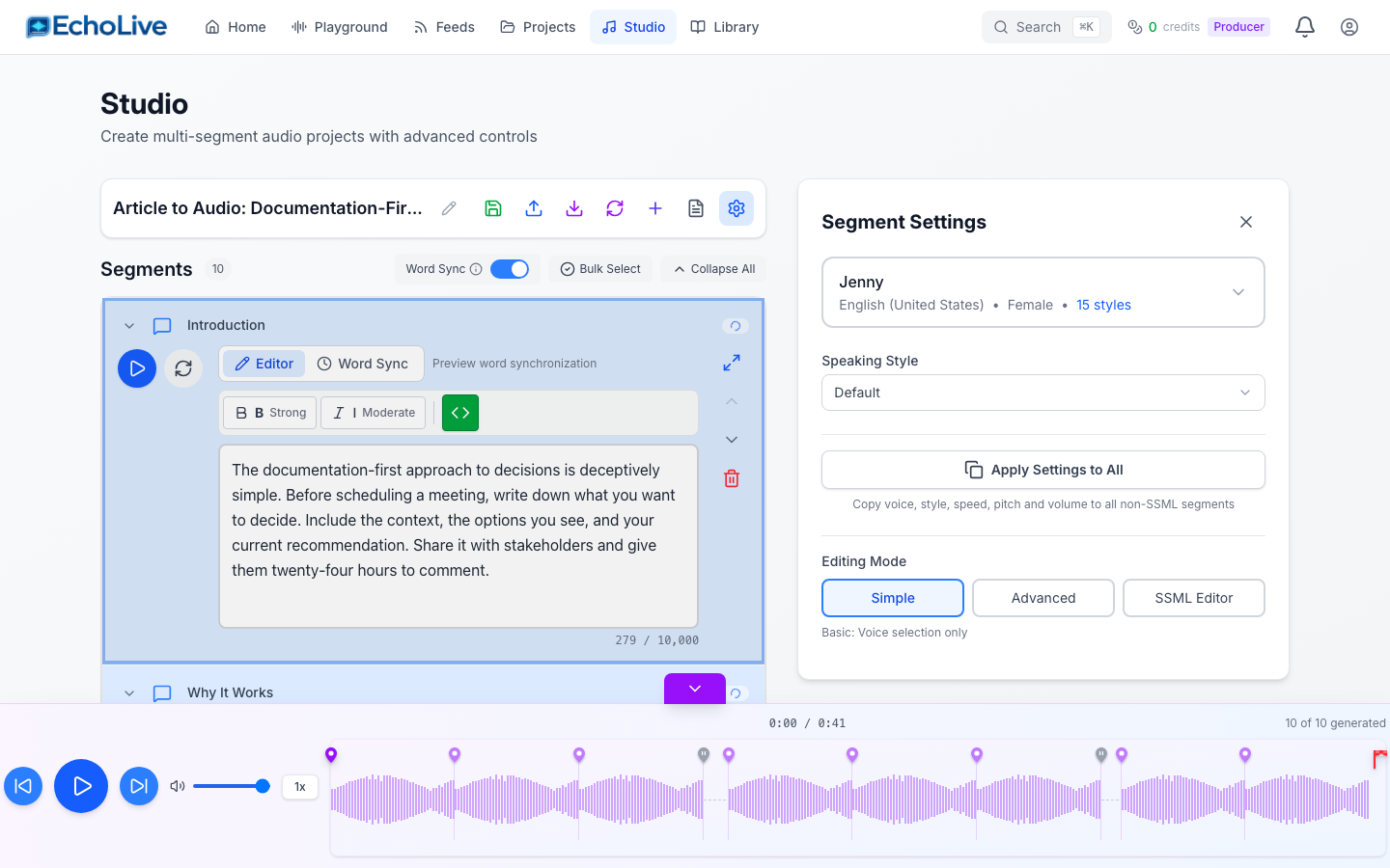Studio segment view with per-segment voice control and settings panel