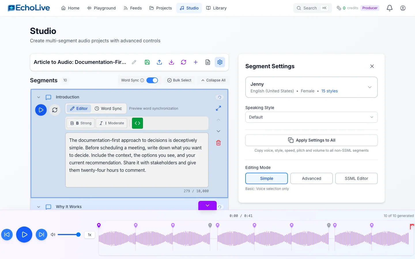 EchoLive Studio segment view with per-segment voice settings, SSML controls, and text editing