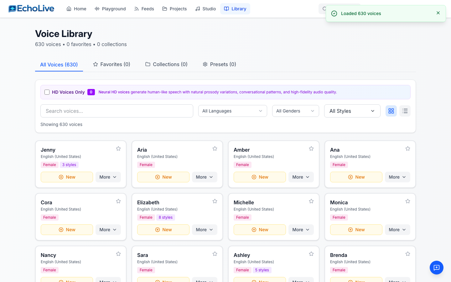 Voice library with 630+ neural voices, filters, and previews