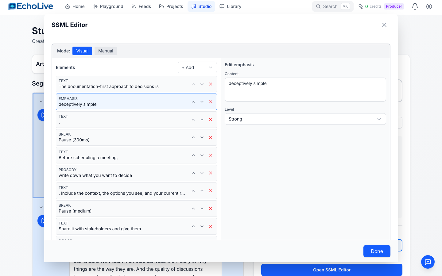 Visual SSML editor with element list, emphasis, breaks, prosody controls